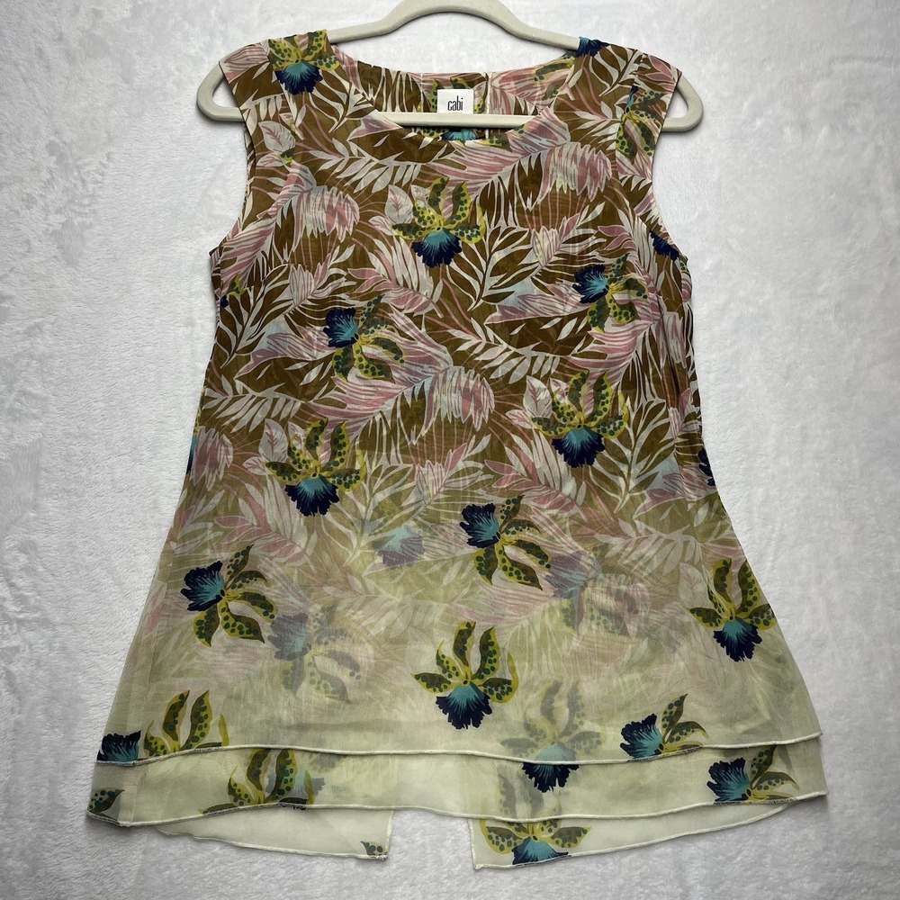 Cabi Sleeveless Top Womens XS Sheer Floral Tropical Coastal Beach Island Resort